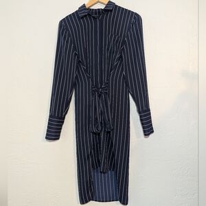 Armani Exchange Navy Pinstripe Long-Sleeve Tie-Front Shirt Dress Coastal Preppy